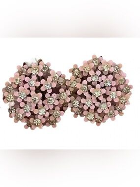 Vintage MCM Retro Enamel Crystal Floral Clip On Earrings